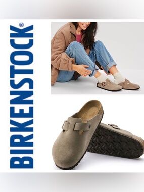 NWT Authentic Birkenstock Boston Suede Clog with Soft Footbed in Taupe